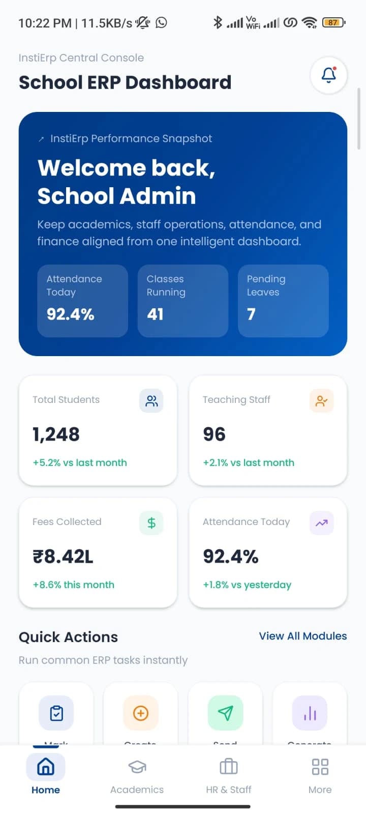 InstiERP mobile dashboard with attendance, fees, and academic stats