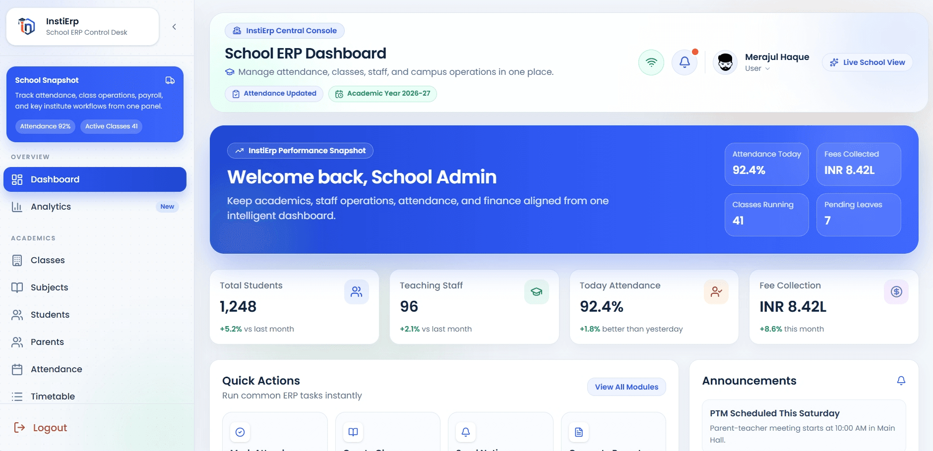 InstiERP dashboard preview